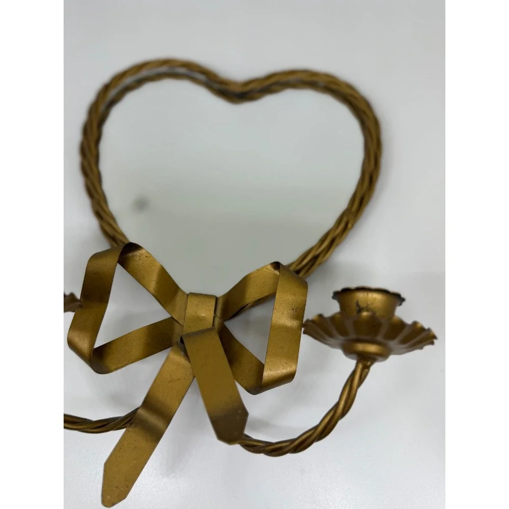 VTG Heart Mirror Candle‎ Sconce Gold Bow Ribbon Twisted Metal Hollywood Regency
